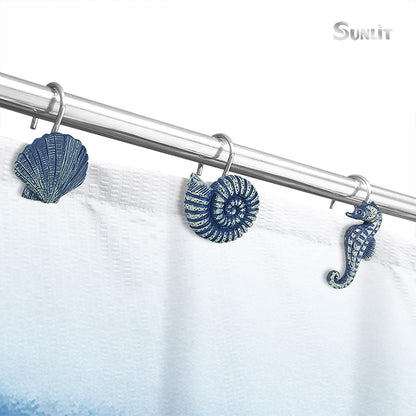 Sunlit Seashells Decorative Shower Curtain Hooks, Blue Ocean Creatures Coastal Shower Curtain Rings with Black Hooks, Resin, Nautical Bathroom Decoration Beach Shower Curtain Hooks, Set of 12