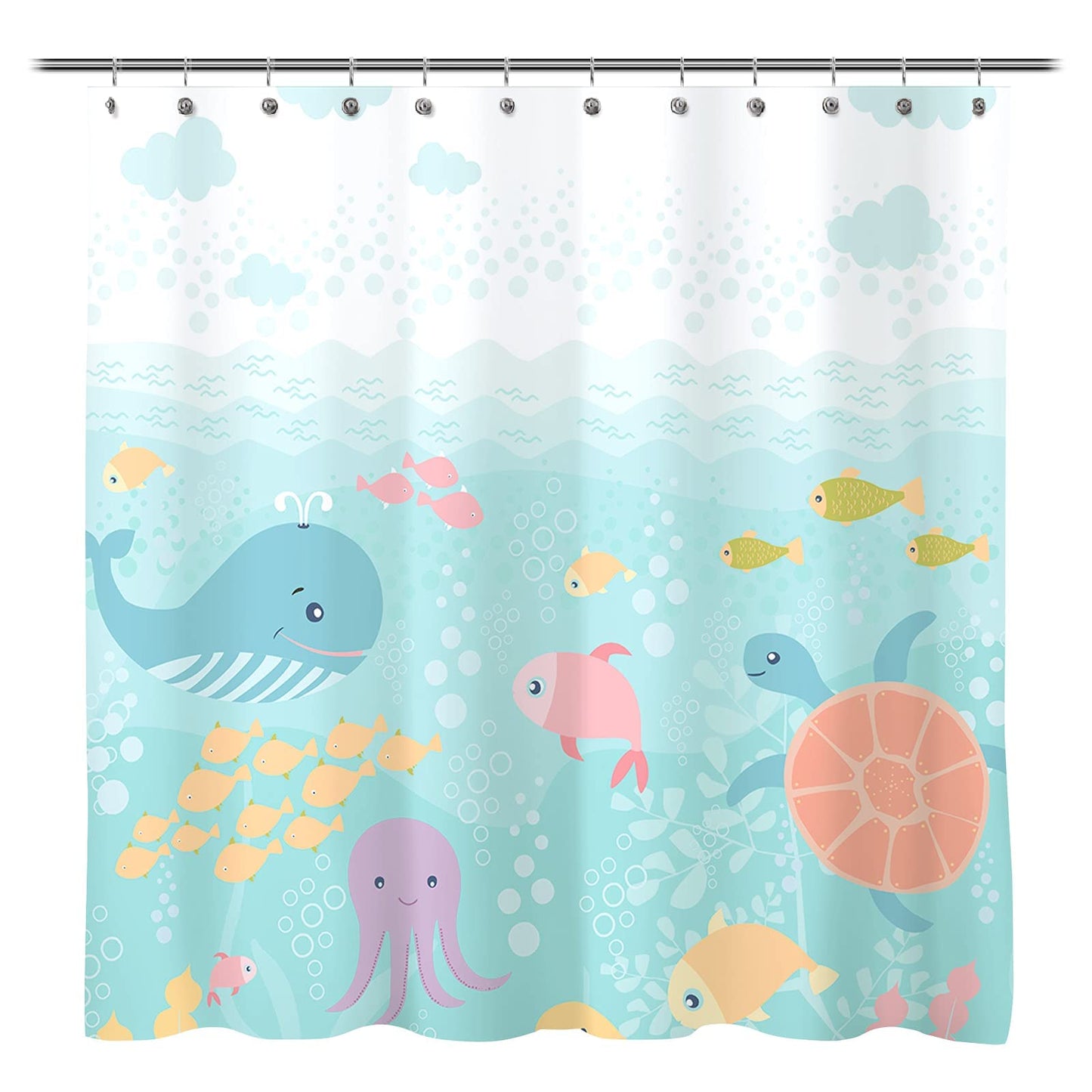 Sunlit Lovely Cartoon Sea Creatures Fabric Shower Curtain for Kids, Whale Turtle and Fish Bathroom Decor Curtain for Girls and Boys