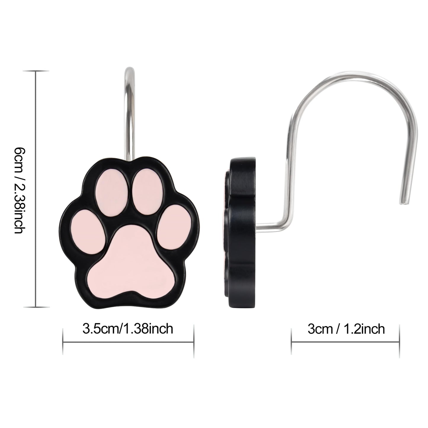Sunlit Cute Paw Print Decorative Shower Curtain Hooks for Dog Cat Bear, Resin, Lovely Shower Curtain Rings with Black Hooks for Kids, Bathroom Decoration Curtain Hangers, 12 Pack, Black and White
