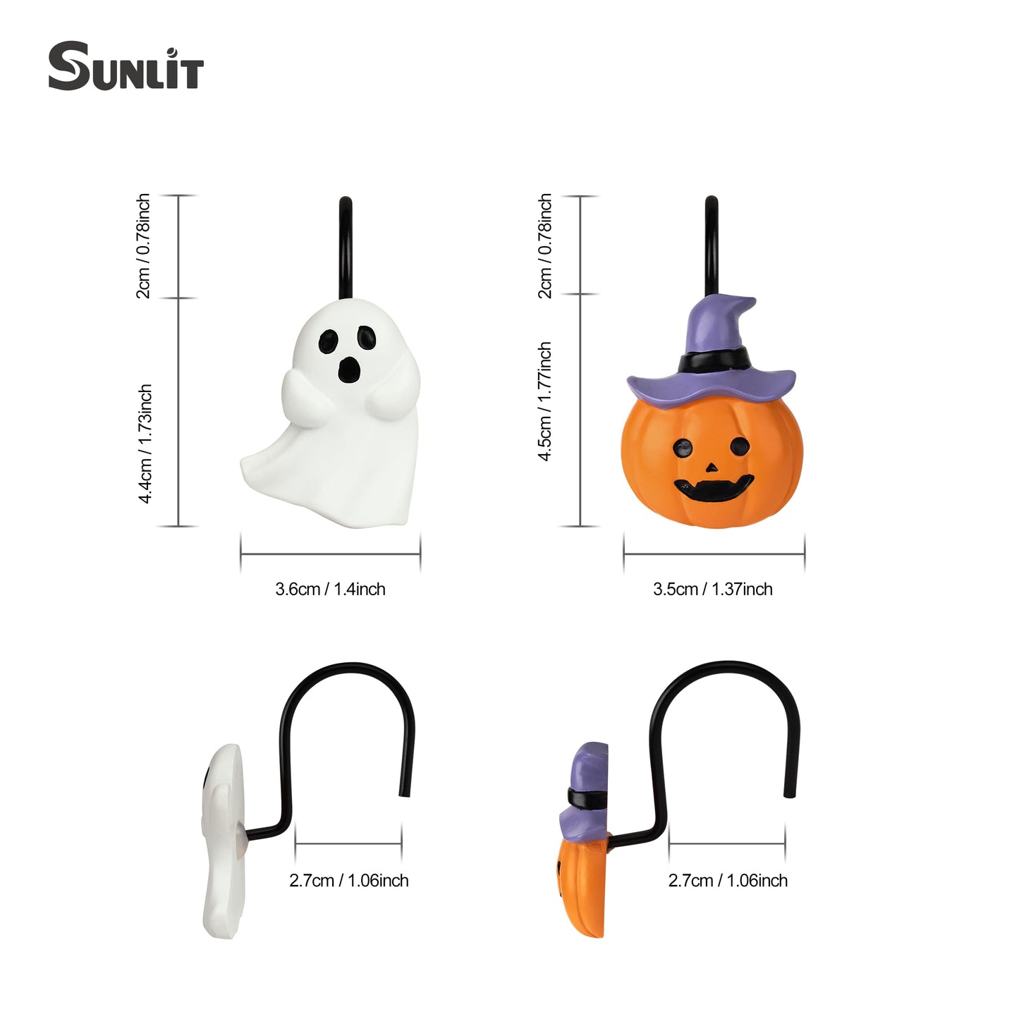 Sunlit Halloween Jack-O'-Lantern Shower Curtain Hooks, Home Decorative Ghost Shower Curtain Rings for Bathroom, Cat Shower Curtain Hangers Bathroom Accessories, Set of 12