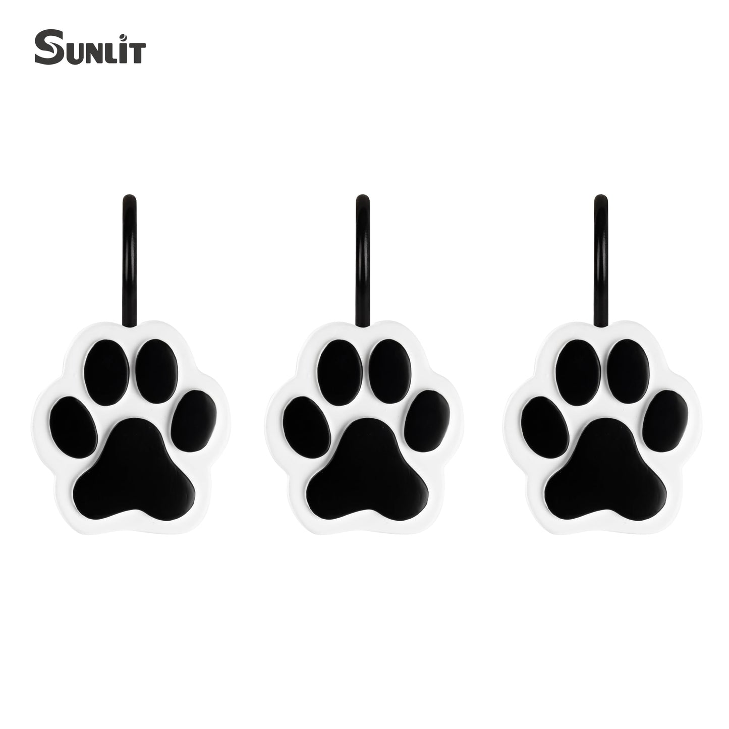 Sunlit Cute Paw Print Decorative Shower Curtain Hooks for Dog Cat Bear, Resin, Lovely Shower Curtain Rings with Black Hooks for Kids, Bathroom Decoration Curtain Hangers, 12 Pack, Black and White