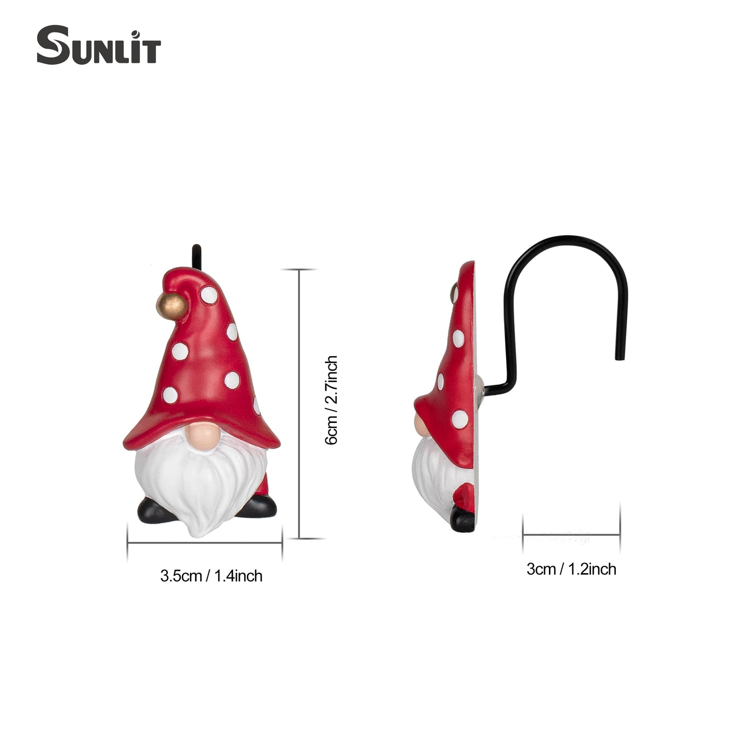 Sunlit Christmas Shower Curtain Hooks, Gnome Shower Curtain Rings, Hand Painted Resin Christmas Decor, Winter Bathroom Decoration, Red Hat with White Polka Dot, Set of 12