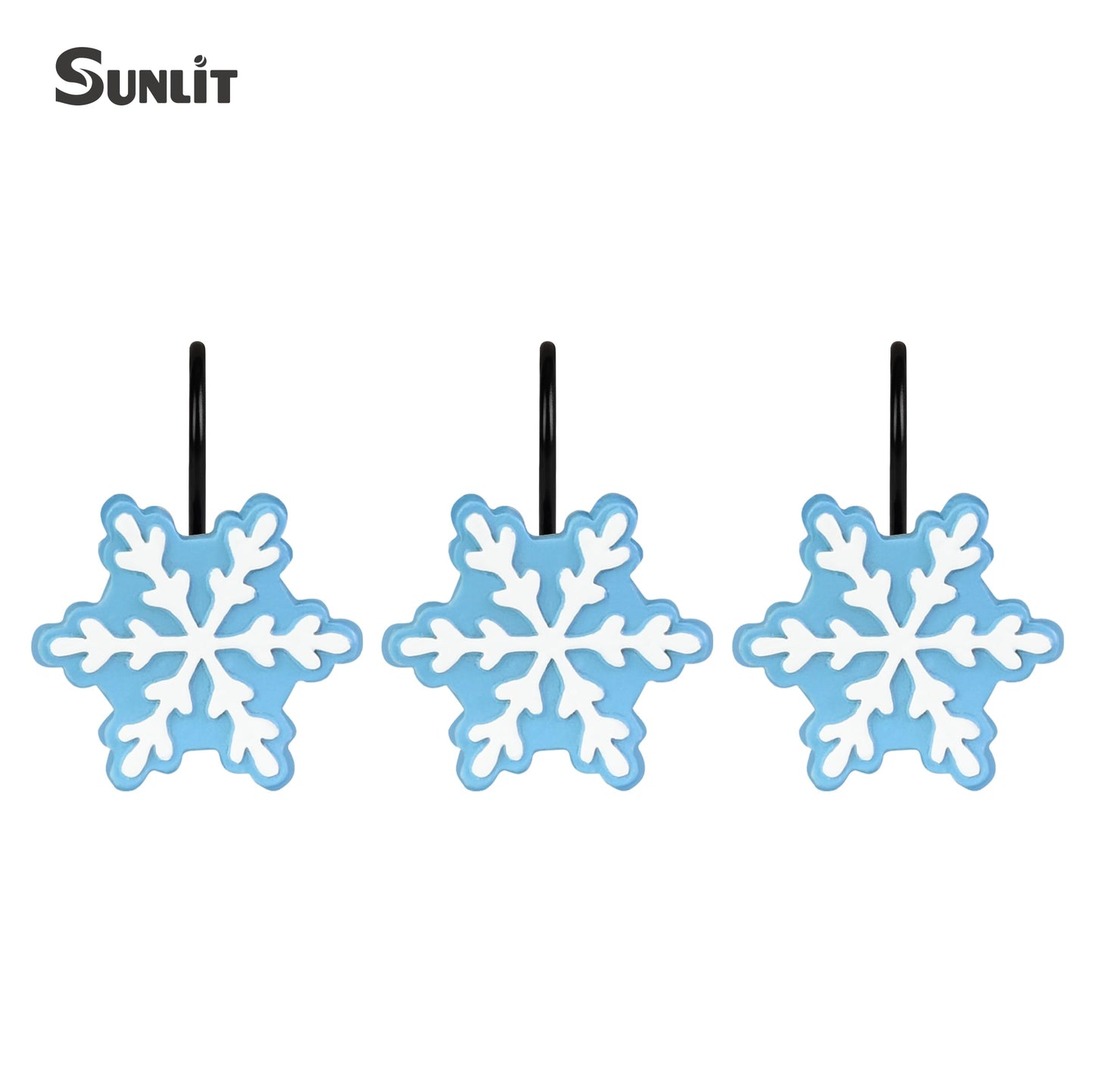 Sunlit Christmas Shower Curtain Hooks Silver Snowflakes Shower Curtain Rings, Resin, White Christmas Decor, Winter Bathroom Decoration - 12 Pack