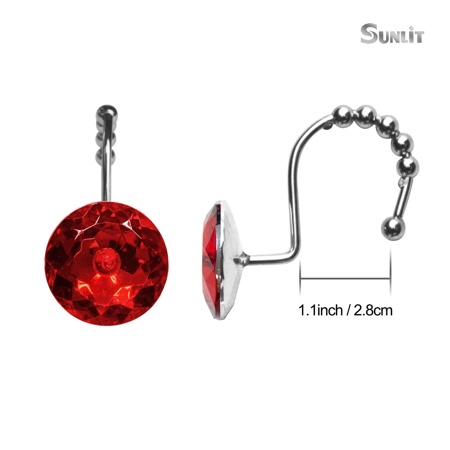 Sunlit Luxury Design Round Clear Diamond Crystal Gem Bling with Glide Balls Double Shower Curtain Hooks, Rust Proof Metal Rhinestones Glam Shower Curtain Rings-12 Pack