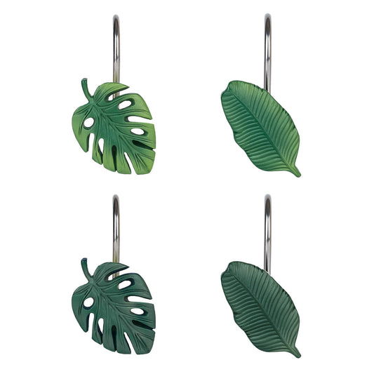 Tropical Leaf Decorative Shower Curtain Hooks, Green Botanical Shower Curtain Rings with Black Hooks, Resin, Monstera Deliciosa Leaves Shower Curtain Hangers for Bathroom, Set of 12