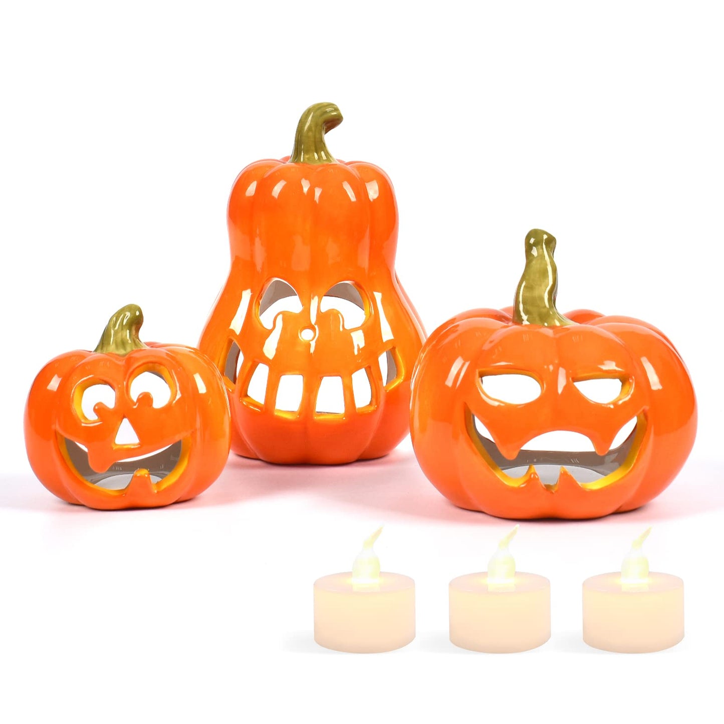 Sunlit Ceramic Pumpkin with 3 Tea Lights, Jack O Lantern Candle Holder Set of 3, Tabletop Indoor Halloween Decorations for Holiday Party Home