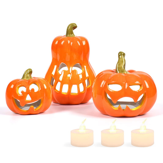 Sunlit Ceramic Pumpkin with 3 Tea Lights, Jack O Lantern Candle Holder Set of 3, Tabletop Indoor Halloween Decorations for Holiday Party Home