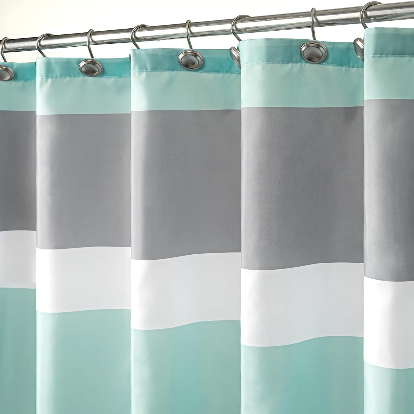 Sunlit Aqua Blue Gray Horizontal Stripes Water-Repellent Fabric Shower Curtain with Reinforced Metal Grommets Refreshing Striped Design Bathroom Decor