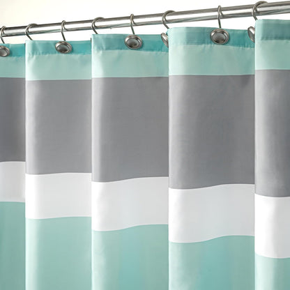 Sunlit Aqua Blue Gray Horizontal Stripes Water-Repellent Fabric Shower Curtain with Reinforced Metal Grommets Refreshing Striped Design Bathroom Decor