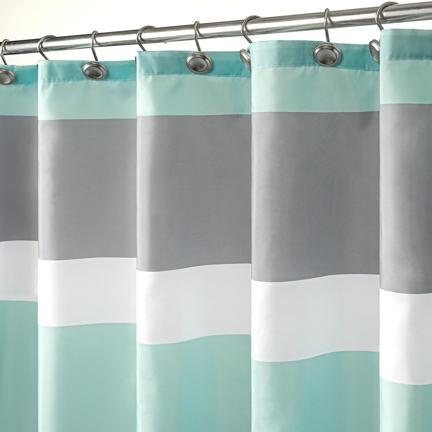 Sunlit Aqua Blue Gray Horizontal Stripes Water-Repellent Fabric Shower Curtain with Reinforced Metal Grommets Refreshing Striped Design Bathroom Decor
