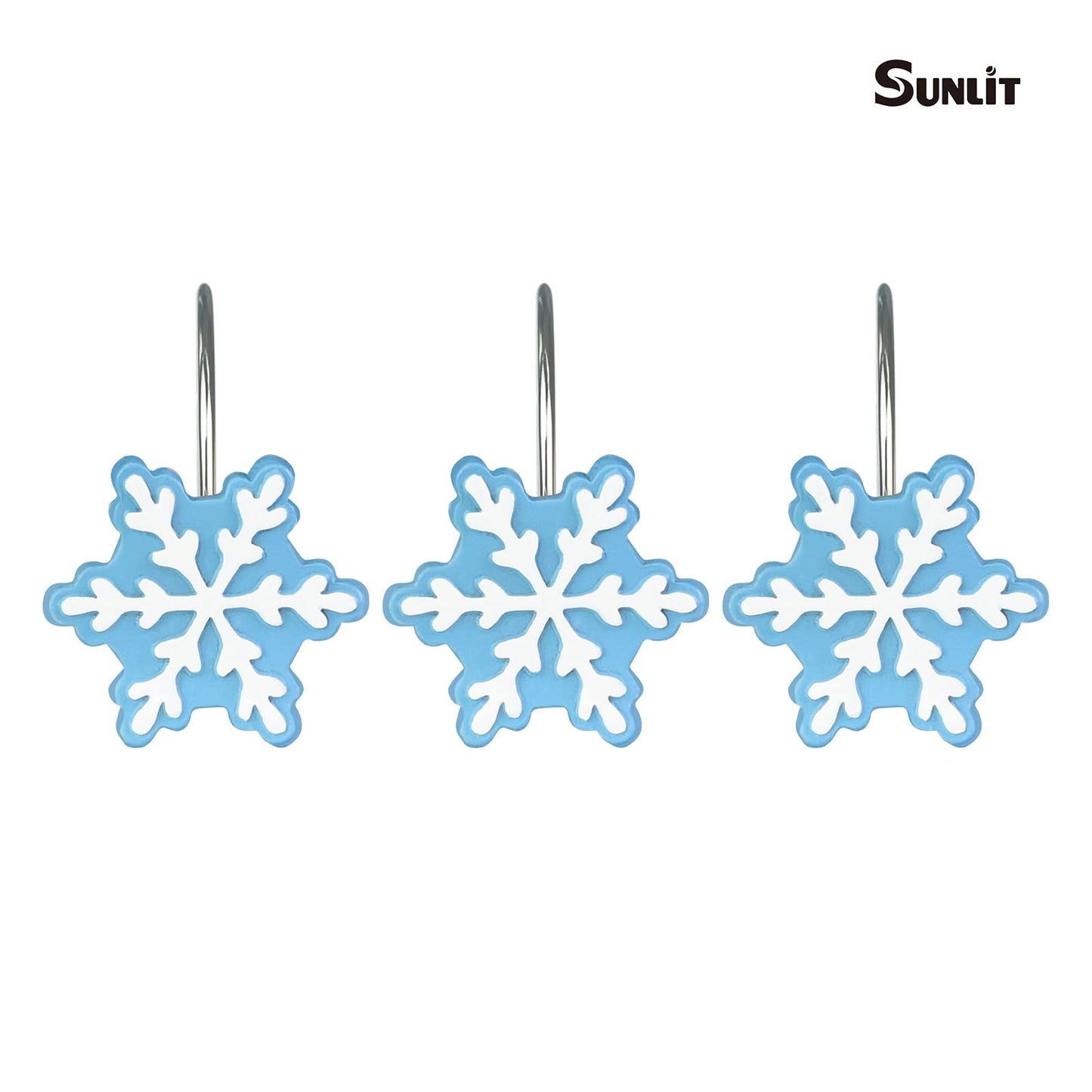 Sunlit Christmas Shower Curtain Hooks Silver Snowflakes Shower Curtain Rings, Resin, White Christmas Decor, Winter Bathroom Decoration - 12 Pack