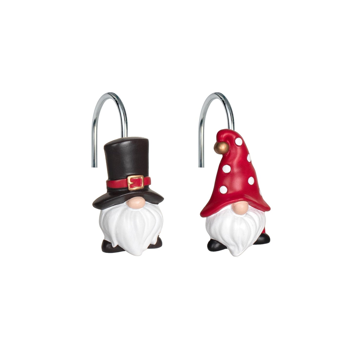 Sunlit Christmas Shower Curtain Hooks, Gnome Shower Curtain Rings, Hand Painted Resin Christmas Decor, Winter Bathroom Decoration, Red Hat with White Polka Dot, Set of 12
