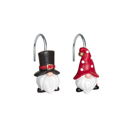 Sunlit Christmas Shower Curtain Hooks, Gnome Shower Curtain Rings, Hand Painted Resin Christmas Decor, Winter Bathroom Decoration, Red Hat with White Polka Dot, Set of 12