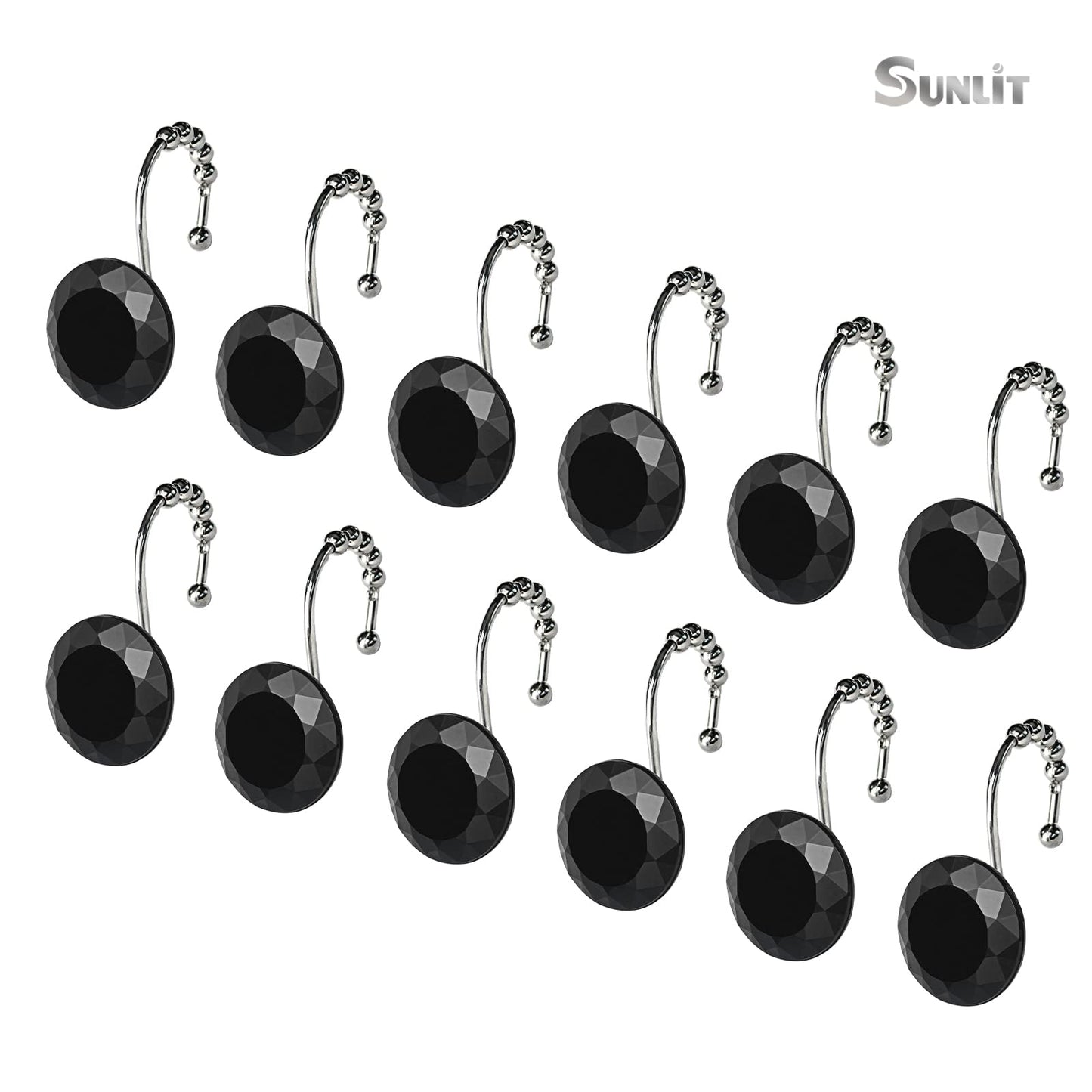 Sunlit Luxury Design Round Clear Diamond Crystal Gem Bling with Glide Balls Double Shower Curtain Hooks, Rust Proof Metal Rhinestones Glam Shower Curtain Rings-12 Pack
