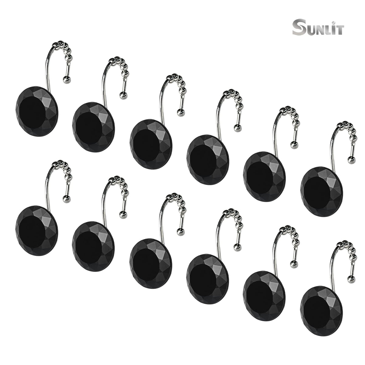 Sunlit Round Rhinestone Shower Curtain Hooks with Glide Balls, 12 Pack