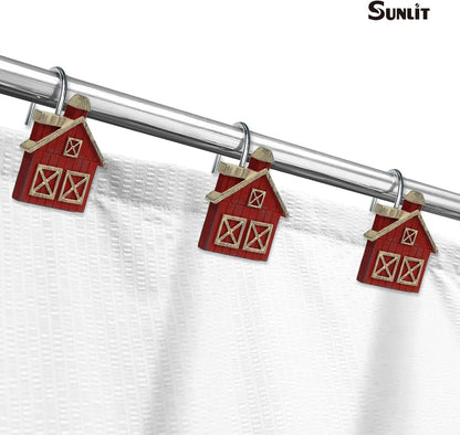 Sunlit Farmhouse Barn Christmas Shower Curtain Hooks, Rustic Red House Decorative Shower Curtain Rings, Resin, Wooden Plank Rural Country Bathroom Decoration Shower Curtain Hooks-12 Pack