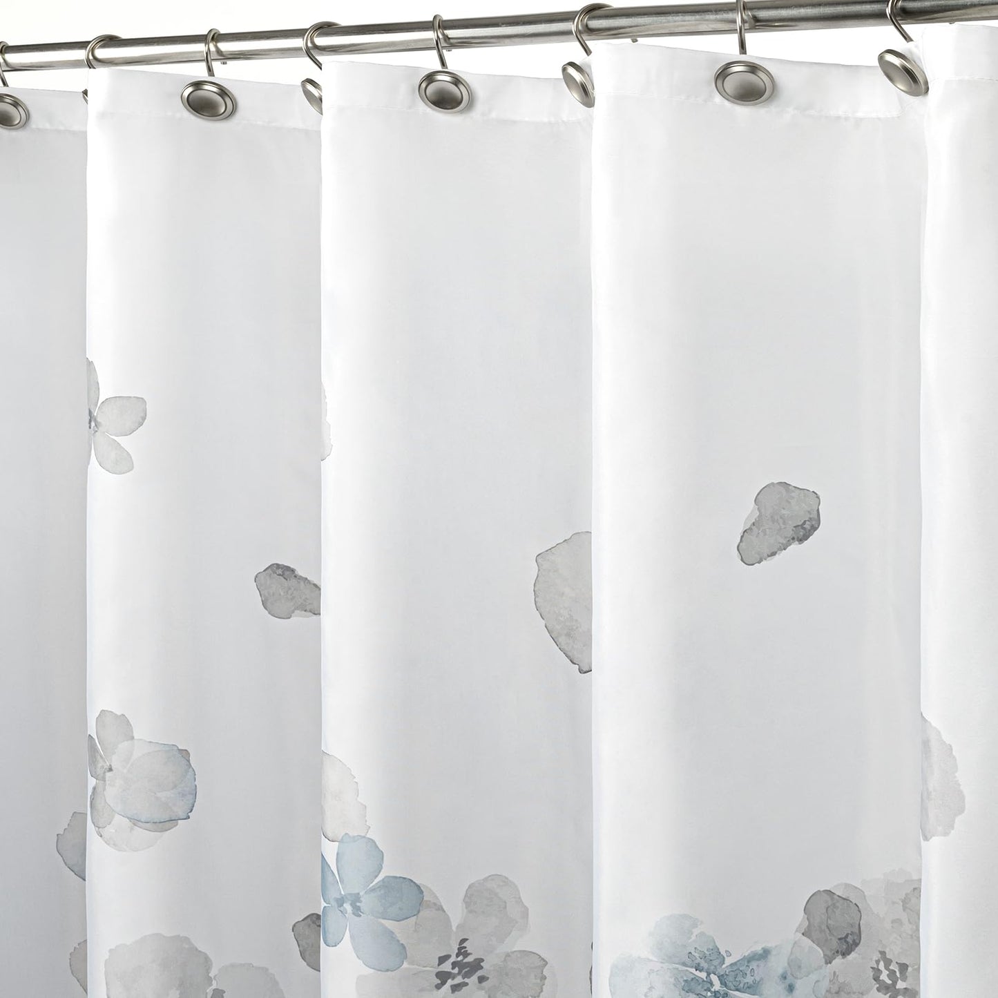 Sunlit Design Simple Style Blue and Gray Flower Blossoms Fabric Shower Curtains for Bathroom Decor with White Background, Machine Washable