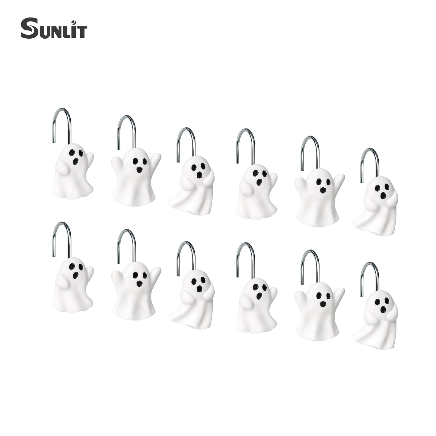 Sunlit Ghost Shower Curtain Hooks, Home Decorative Shower Curtain Rings for Bathroom, Halloween Shower Curtain Hangers Bathroom Accessories, Set of 12
