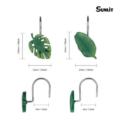 Tropical Leaf Decorative Shower Curtain Hooks, Green Botanical Shower Curtain Rings with Black Hooks, Resin, Monstera Deliciosa Leaves Shower Curtain Hangers for Bathroom, Set of 12