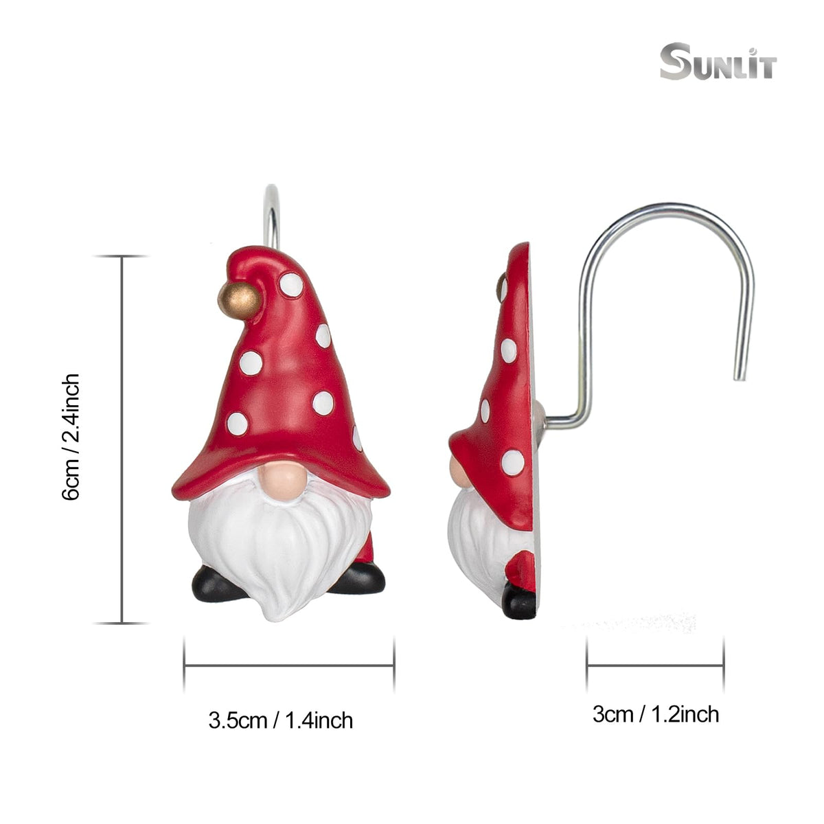 Sunlit Christmas Shower Curtain Hooks, Gnome Shower Curtain Rings, Hand Painted Resin Christmas Decor, Winter Bathroom Decoration, Black Green Red with Star, Set of 12