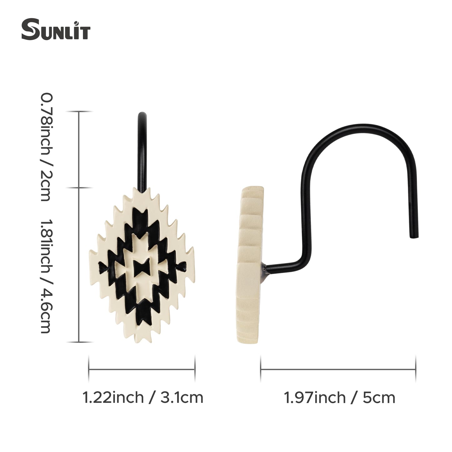 Sunlit Western Shower Curtain Hooks, Aztec Tribal Shower Curtain Hanger Hooks, Decorative Resin Rustic Geometric Curtain Rings for Bathroom, Set of 12, Black and Cream White
