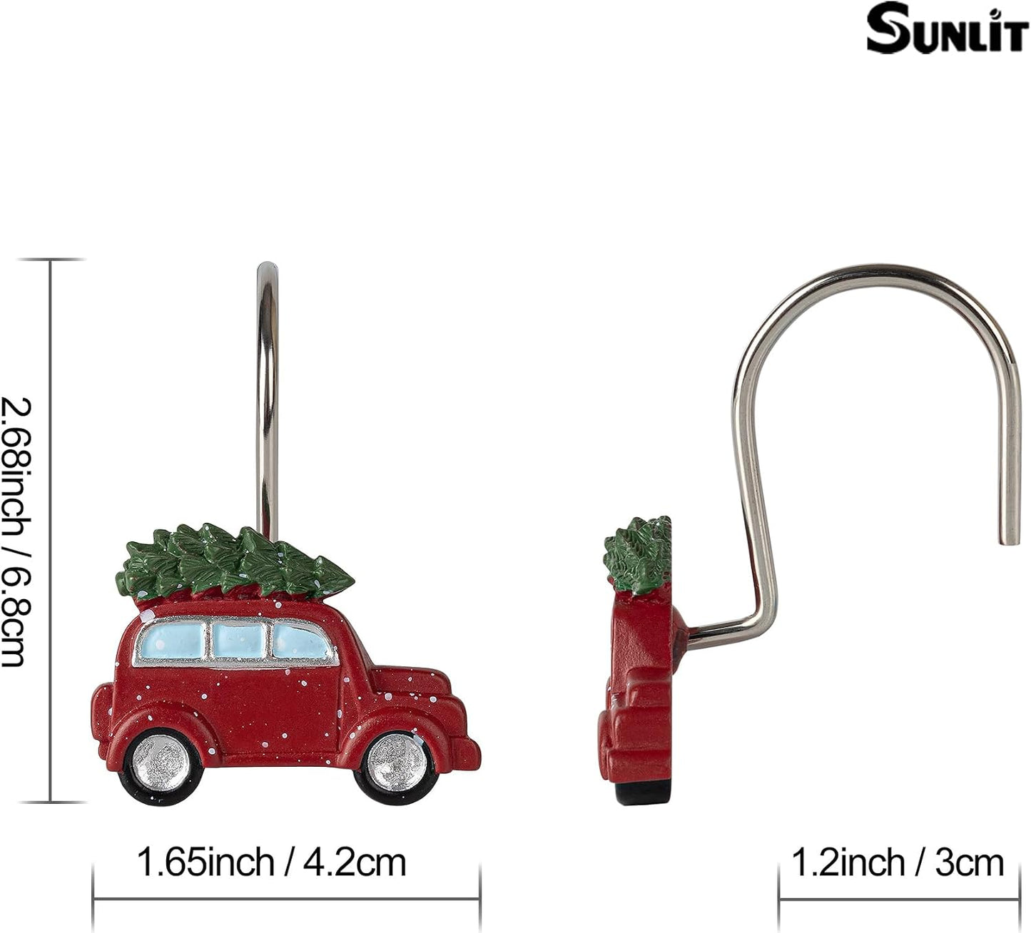 Sunlit Christmas Shower Curtain Hooks, Vintage Red Truck with Snow Xmas Tree Shower Curtain Rings, Resin, Rustic Farmhouse Christmas Decor, Winter Bathroom Decoration, Set of 12
