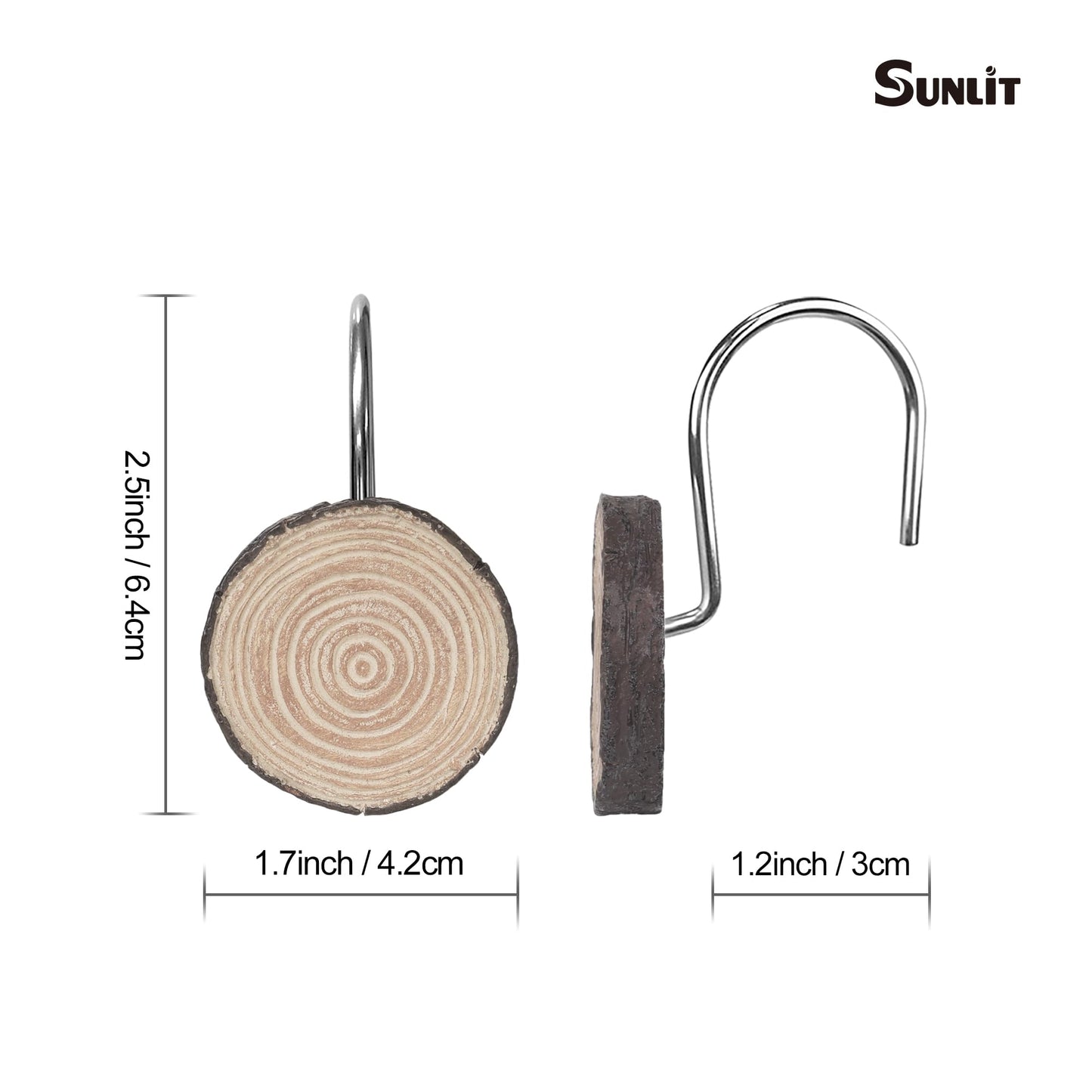Sunlit Farmhouse Wooden Slices Shower Curtain Hooks, Rustic Home Decorative Shower Curtain Rings for Bathroom, Resin Shower Curtain Hangers Bathroom Accessories, Set of 12