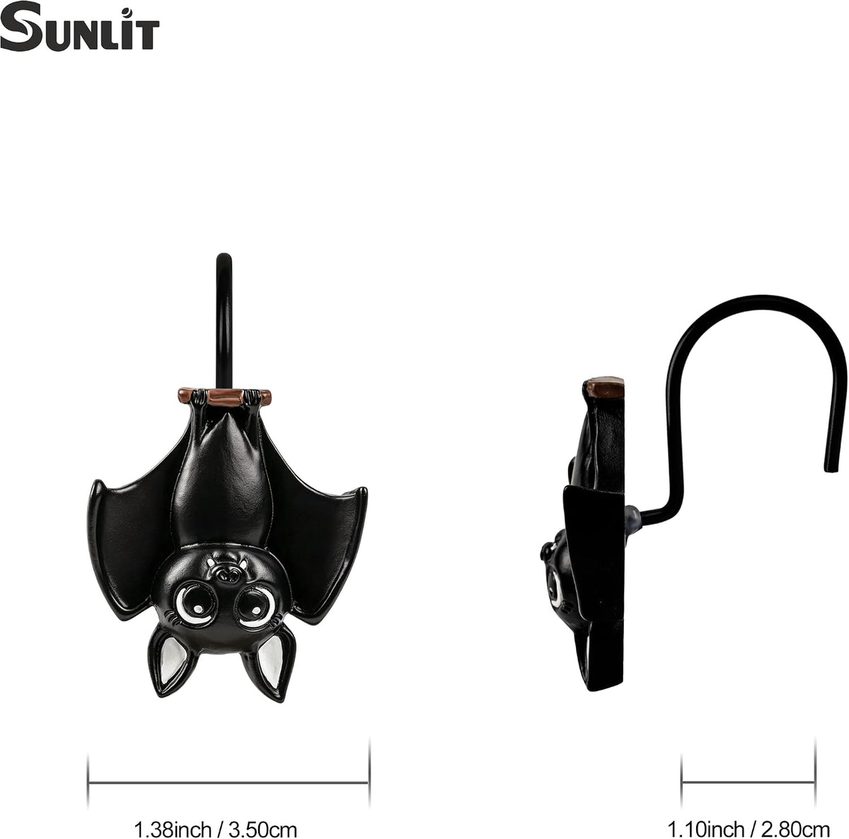 Sunlit Upside Down Bat Shower Curtain Hooks, Home Decorative Shower Curtain Rings for Bathroom, Halloween Shower Curtain Hangers Bathroom Accessories, Set of 12, Black