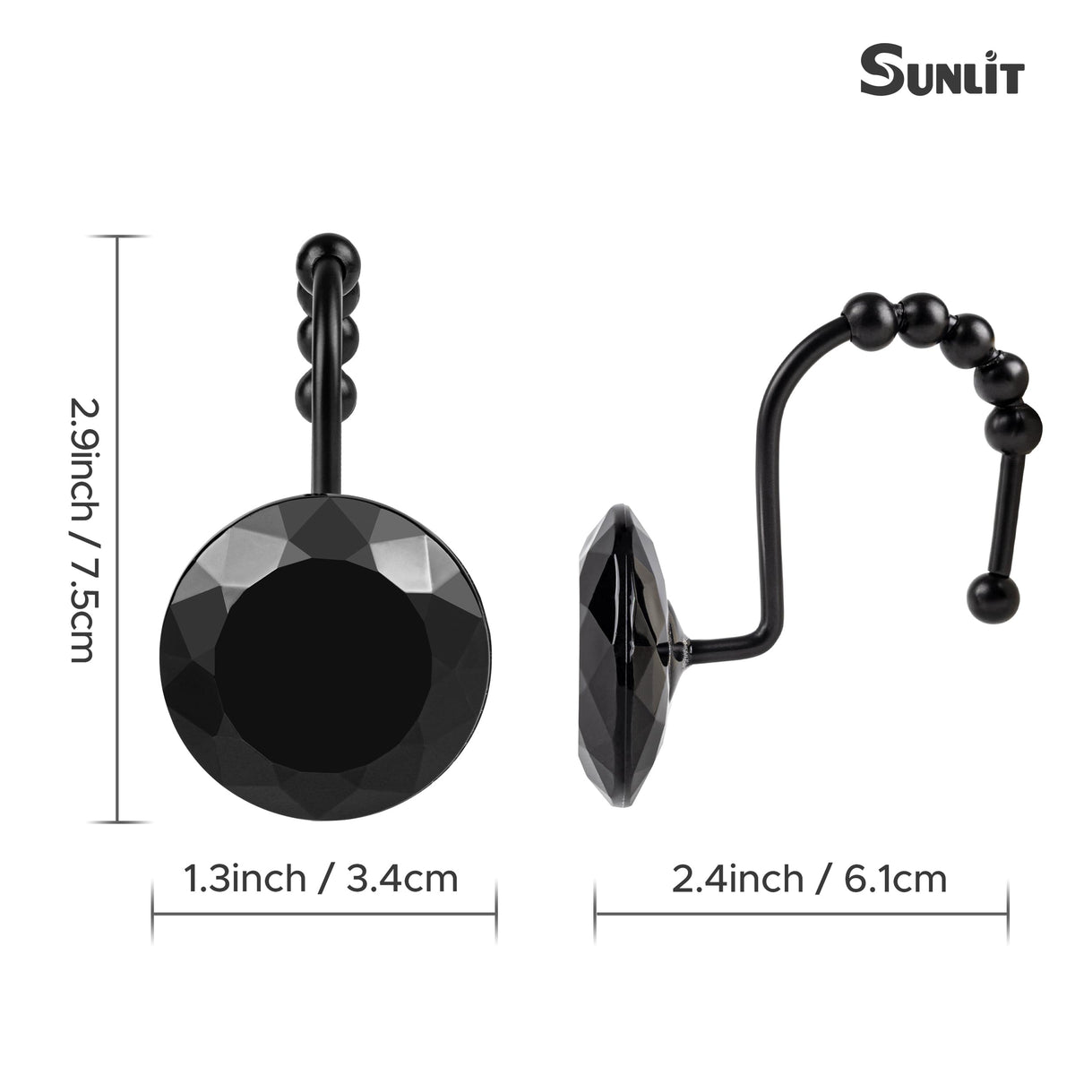 Sunlit Round Rhinestone Shower Curtain Hooks with Glide Balls, 12 Pack