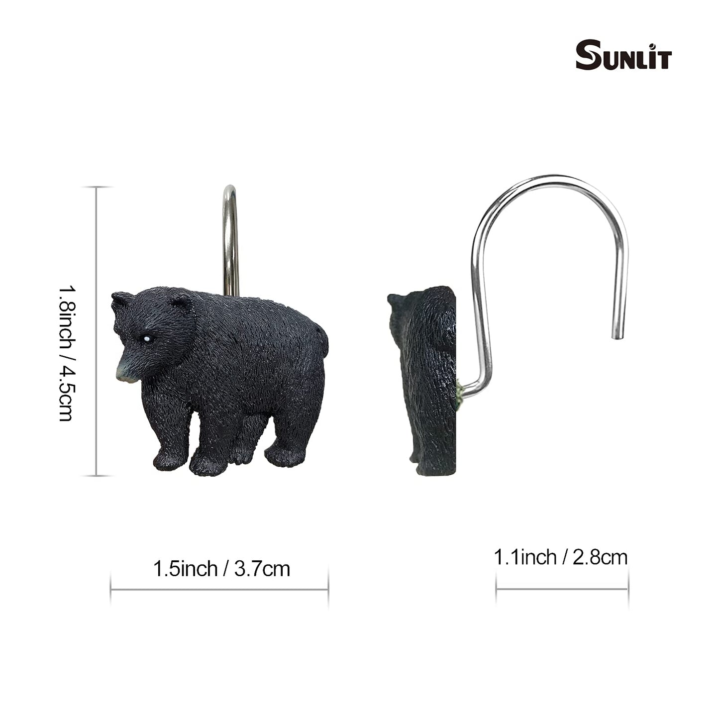 Sunlit Rustic Decorative Shower Curtain Hooks, Black Bear Shower Curtain Rings, Cabin Shower Curtain Hooks, Resin, Farmhouse Bathroom Decoration - 12 Pack