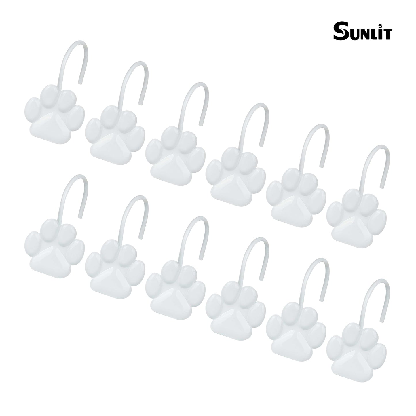 Sunlit Fashion Design Cute Paw Print Polished Double Shower Curtain Hooks for Dog Cat and Bear, Rust Proof Oil Rubbed Metal Shower Curtain Rings-12 Pack