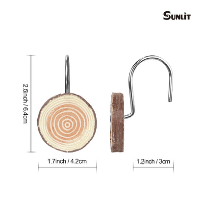 Sunlit Farmhouse Wooden Slices Shower Curtain Hooks, Rustic Home Decorative Shower Curtain Rings with Black Hooks for Bathroom, Resin Shower Curtain Hangers Bathroom Accessories, Set of 12