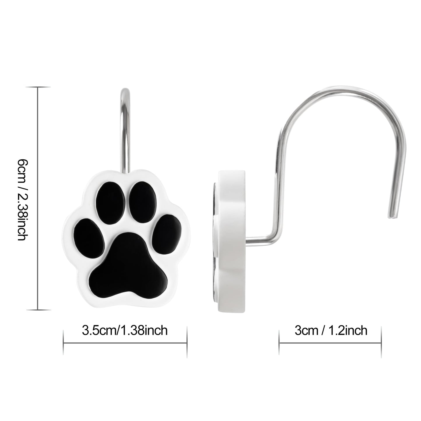 Sunlit Cute Paw Print Decorative Shower Curtain Hooks for Dog Cat Bear, Resin, Lovely Shower Curtain Rings with Black Hooks for Kids, Bathroom Decoration Curtain Hangers, 12 Pack, Black and White