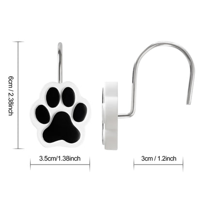 Sunlit Cute Paw Print Decorative Shower Curtain Hooks for Dog Cat Bear, Resin, Lovely Shower Curtain Rings for Kids, Bathroom Decoration Curtain, 12 Pack, Black and White