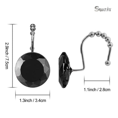 Sunlit Luxury Design Round Clear Diamond Crystal Gem Bling with Glide Balls Double Shower Curtain Hooks, Rust Proof Metal Rhinestones Glam Shower Curtain Rings-12 Pack