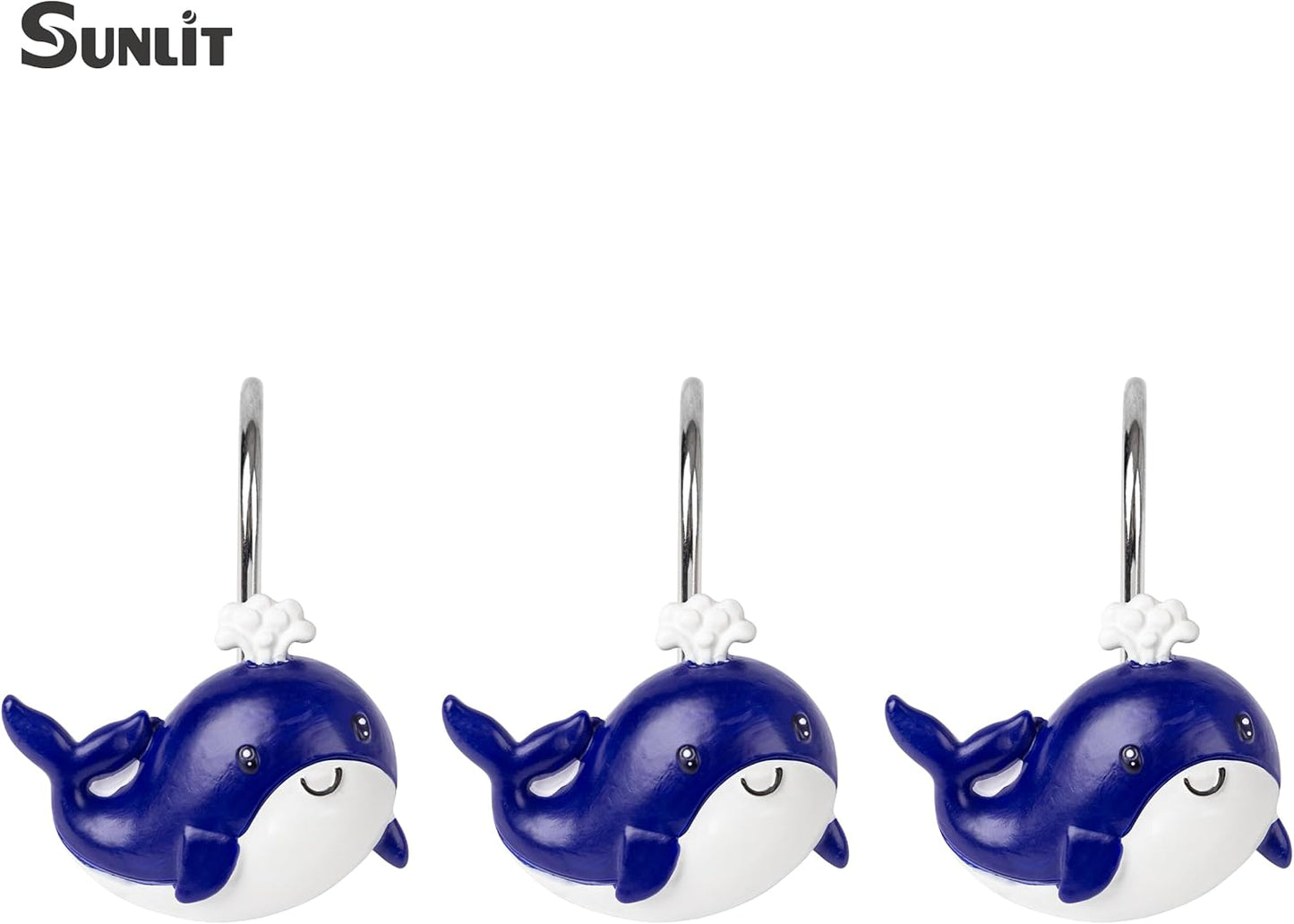Sunlit Whales Shower Curtain Hooks, Nautical Home Decorative Shower Curtain Rings, Hand-Painted Resin, Cute Ocean Shower Curtain Hanger Hooks for Kids Bathroom, Set of 12