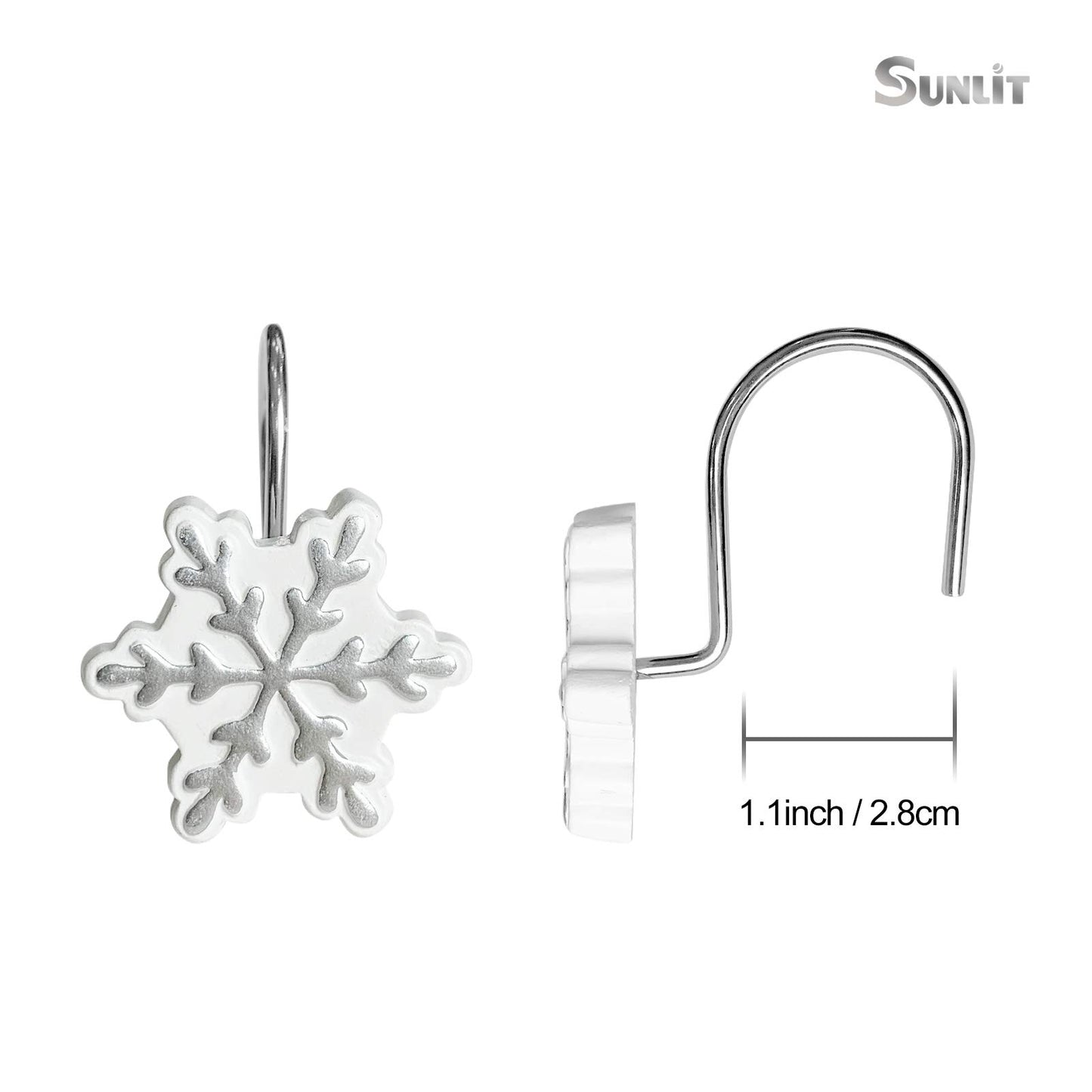 Sunlit Christmas Shower Curtain Hooks Silver Snowflakes Shower Curtain Rings, Resin, White Christmas Decor, Winter Bathroom Decoration - 12 Pack