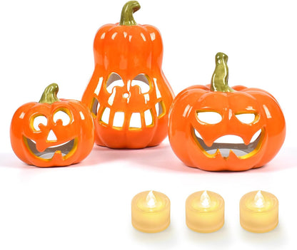 Sunlit Ceramic Pumpkin with 3 Tea Lights, Jack O Lantern Candle Holder Set of 3, Tabletop Indoor Halloween Decorations for Holiday Party Home