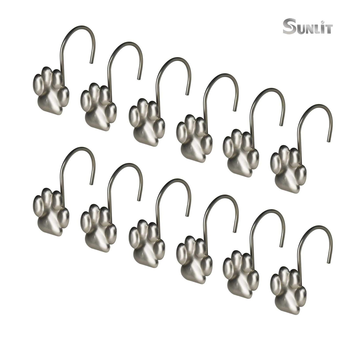 Sunlit Fashion Design Cute Paw Print Polished Double Shower Curtain Hooks for Dog Cat and Bear, Rust Proof Oil Rubbed Metal Shower Curtain Rings-12 Pack