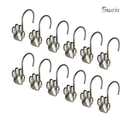 Sunlit Fashion Design Cute Paw Print Polished Double Shower Curtain Hooks for Dog Cat and Bear, Rust Proof Oil Rubbed Metal Shower Curtain Rings-12 Pack