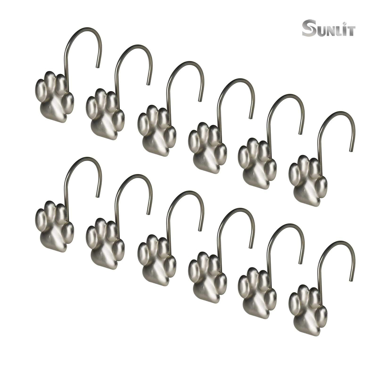 Sunlit Fashion Design Cute Paw Print Polished Double Shower Curtain Hooks for Dog Cat and Bear, Rust Proof Oil Metal Shower Curtain Rings, Black-12 Pack