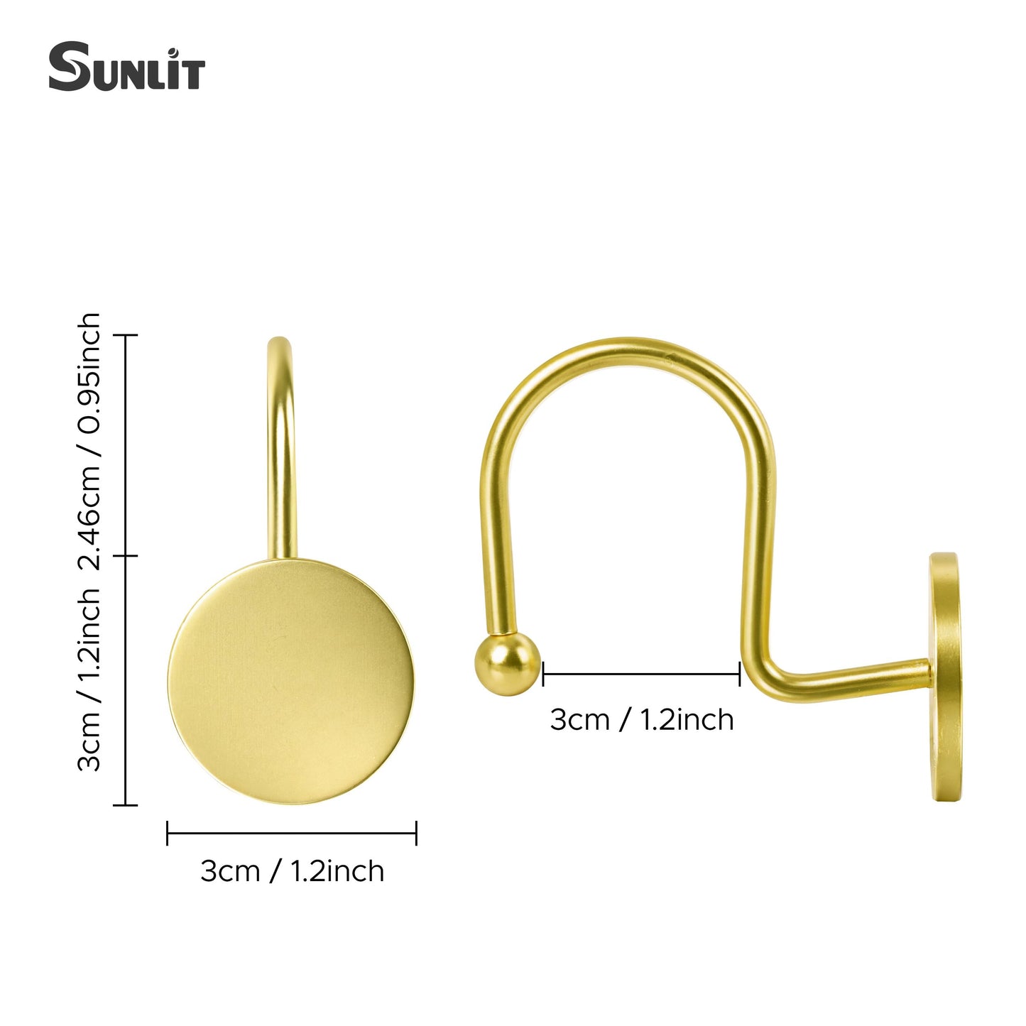 Sunlit Gold Shower Curtain Hooks, Round Metal Home Decorative Shower Curtain Rings for Bathroom, Modern Shower Curtain Hangers Bathroom Accessories, Set of 12