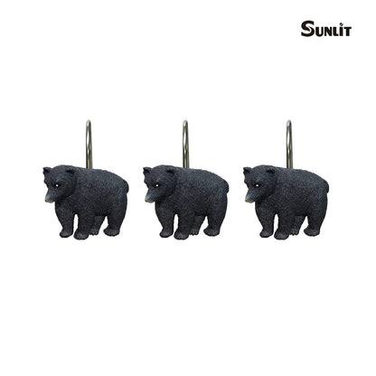 Sunlit Rustic Decorative Shower Curtain Hooks, Black Bear Shower Curtain Rings, Cabin Shower Curtain Hooks with Black Hooks, Resin, Farmhouse Bathroom Decoration, Set of 12
