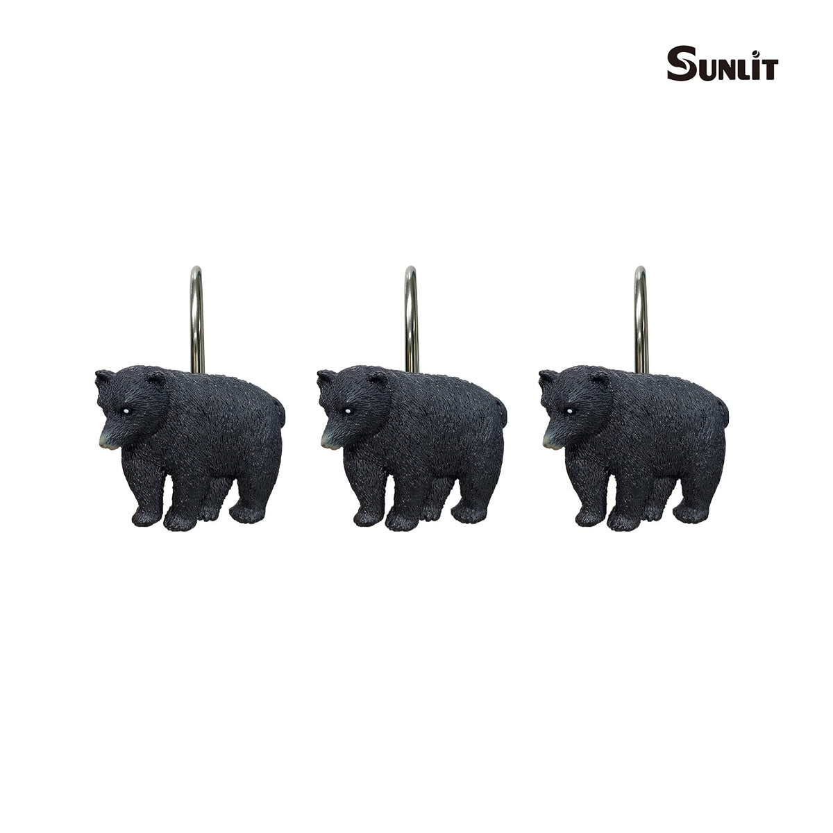 Sunlit Rustic Decorative Shower Curtain Hooks, Black Bear Shower Curtain Rings, Cabin Shower Curtain Hooks with Black Hooks, Resin, Farmhouse Bathroom Decoration, Set of 12