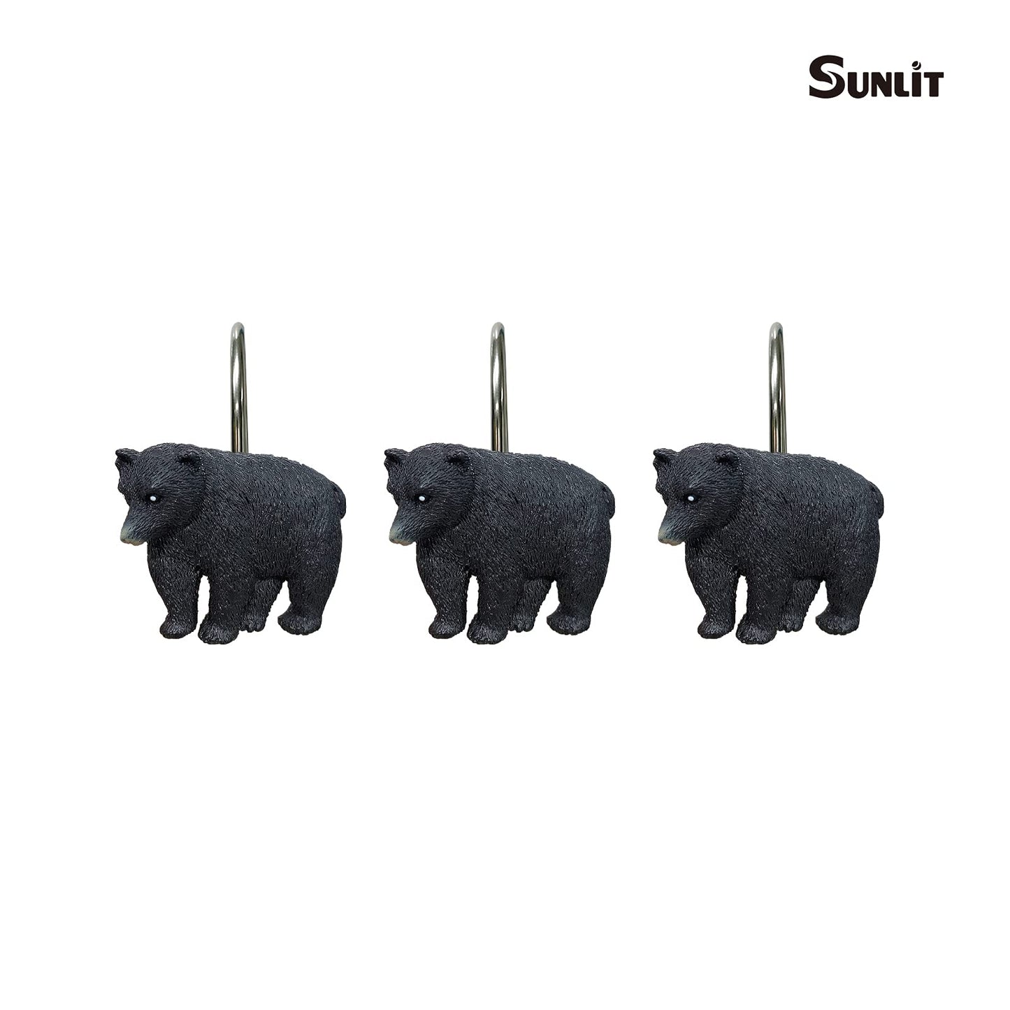 Sunlit Rustic Decorative Shower Curtain Hooks, Black Bear Shower Curtain Rings, Cabin Shower Curtain Hooks, Resin, Farmhouse Bathroom Decoration - 12 Pack