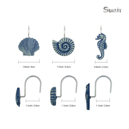 Sunlit Seashells Decorative Shower Curtain Hooks, Blue Ocean Creatures Coastal Shower Curtain Rings with Black Hooks, Resin, Nautical Bathroom Decoration Beach Shower Curtain Hooks, Set of 12