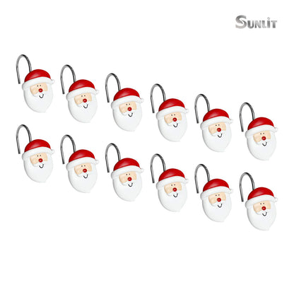Sunlit Merry Christmas Shower Curtain Hooks Smiling Santa Claus Shower Curtain Rings, Resin, Christmas Decor, Winter Bathroom Decoration - 12 Pack