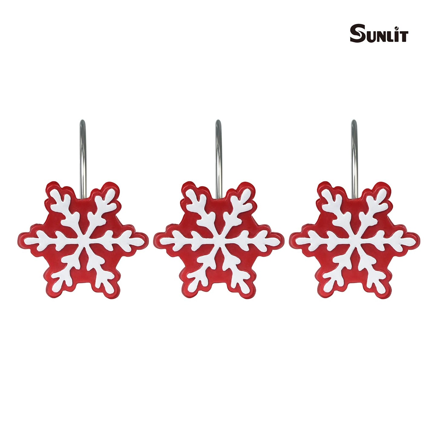 Sunlit Christmas Shower Curtain Hooks Silver Snowflakes Shower Curtain Rings, Resin, White Christmas Decor, Winter Bathroom Decoration - 12 Pack