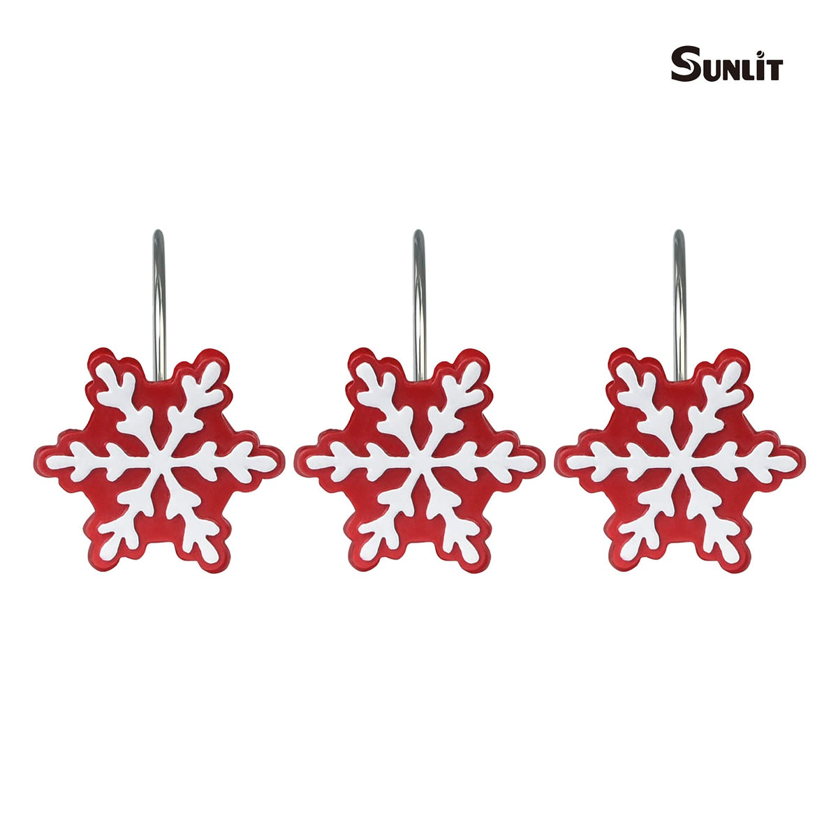 Sunlit Christmas Shower Curtain Hooks Snowflakes Double Shower Curtain Rings, Resin, Red and White Christmas Decor, Winter Bathroom Decoration - 12 Pack