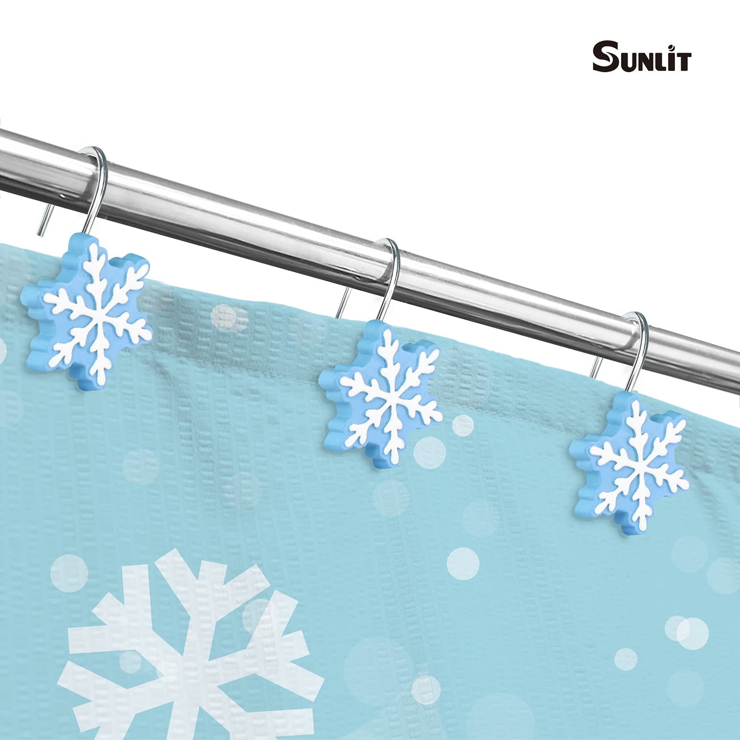 Sunlit Christmas Shower Curtain Hooks Silver Snowflakes Shower Curtain Rings, Resin, White Christmas Decor, Winter Bathroom Decoration - 12 Pack